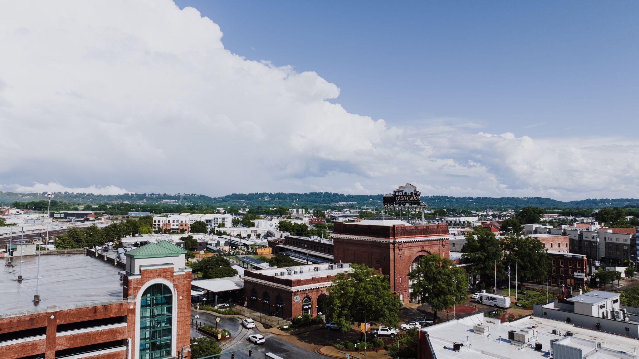 A stunning aerial view of Chattanooga's historic downtown with vibrant architecture.