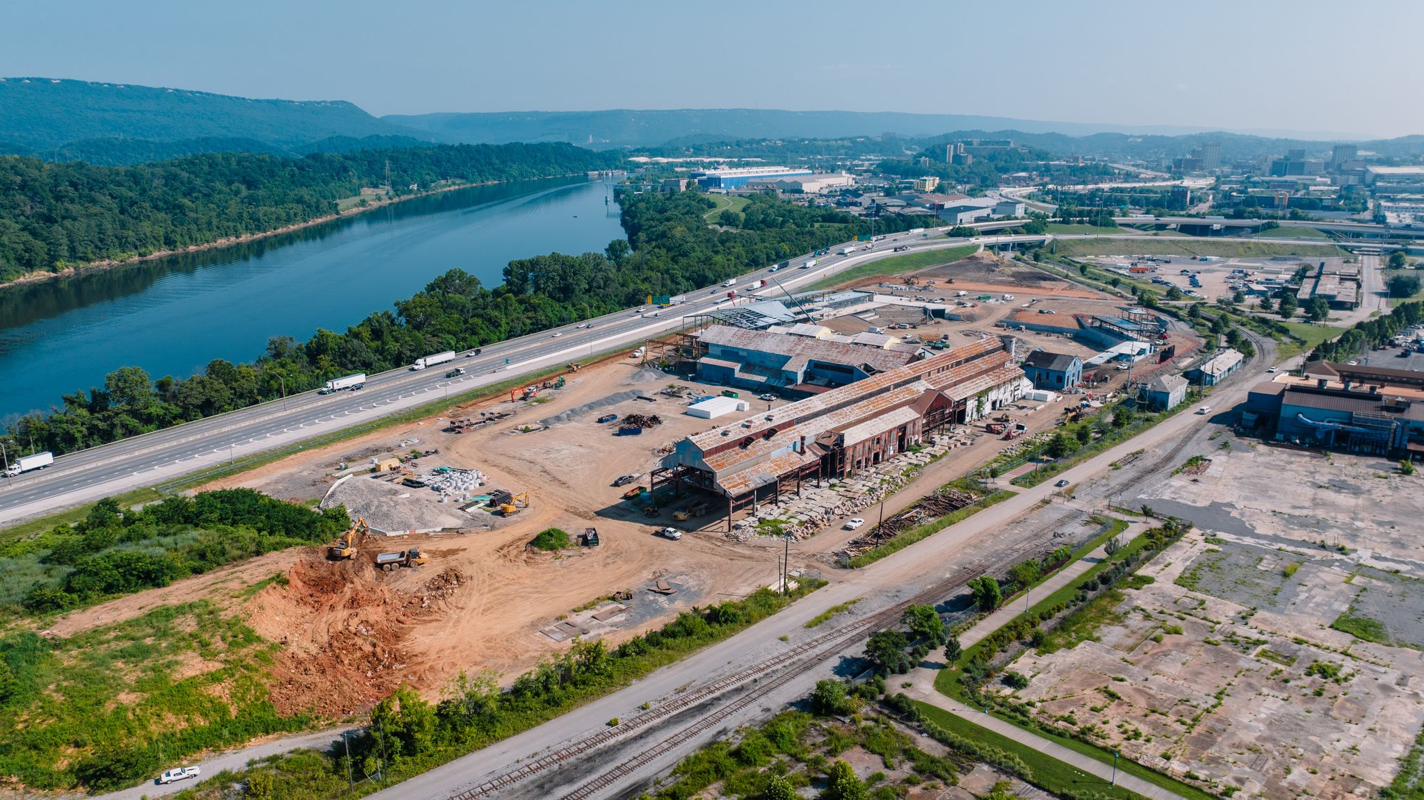 Aerial photograph showcasing Chattanooga, Tennessee's industrial area by the river.