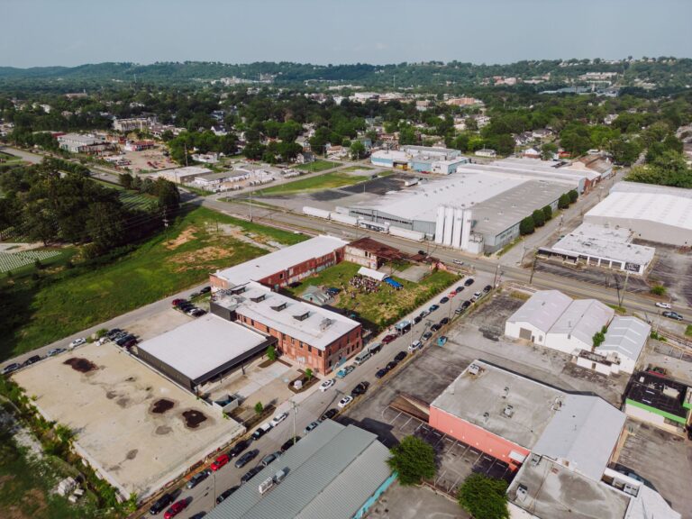 Explore the vibrant industrial landscape of Chattanooga, Tennessee from above.